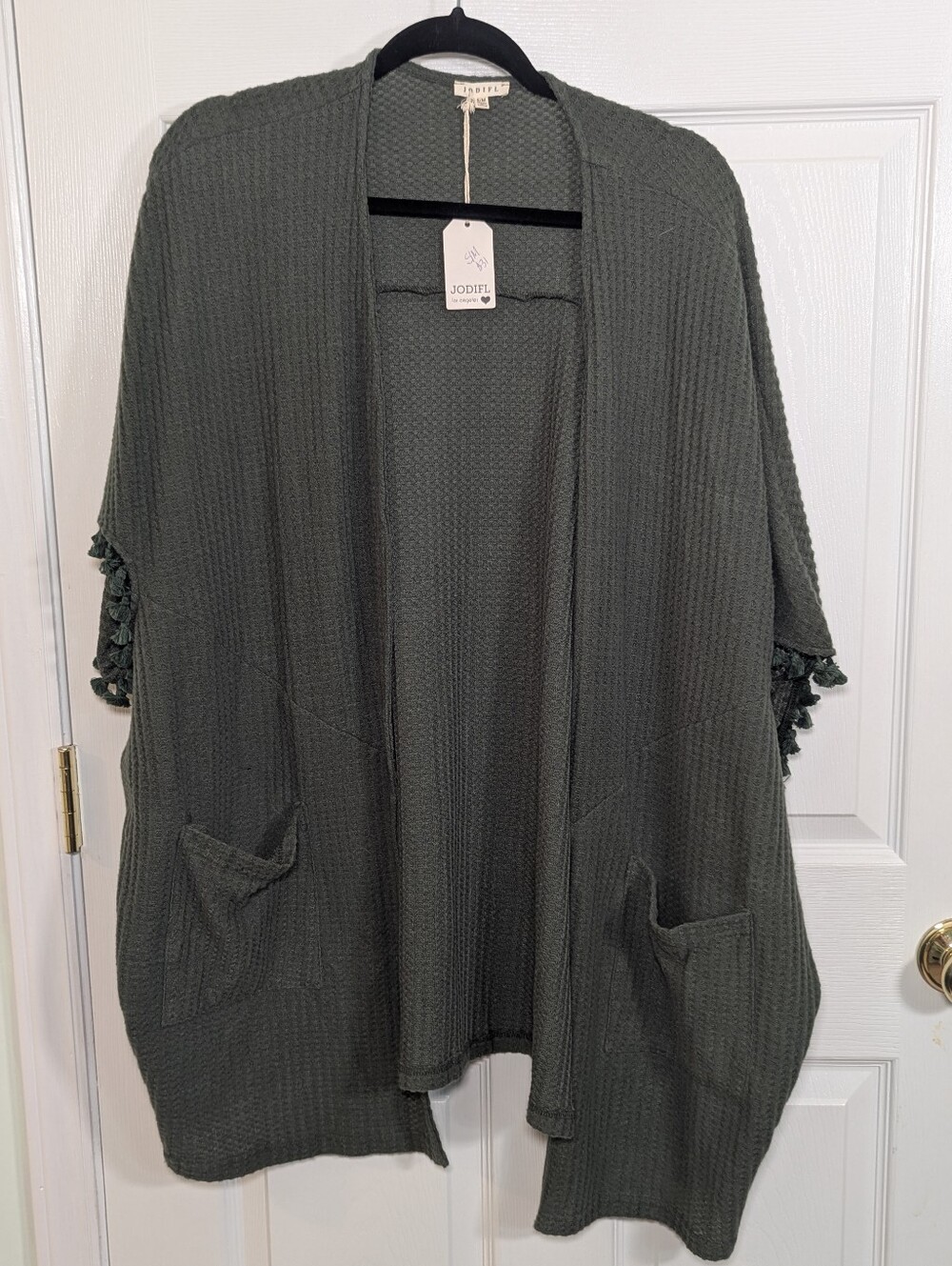 JODIFL Women’s S/M Olive Waffle Knit Oversized Cardigan Tassel Fringe NWT